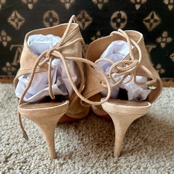 Aquazzura Suede Nude 'Sexy Thing' Heels Tie Ankle Booties, ASO Olivia Palermo - Picture 4 of 8